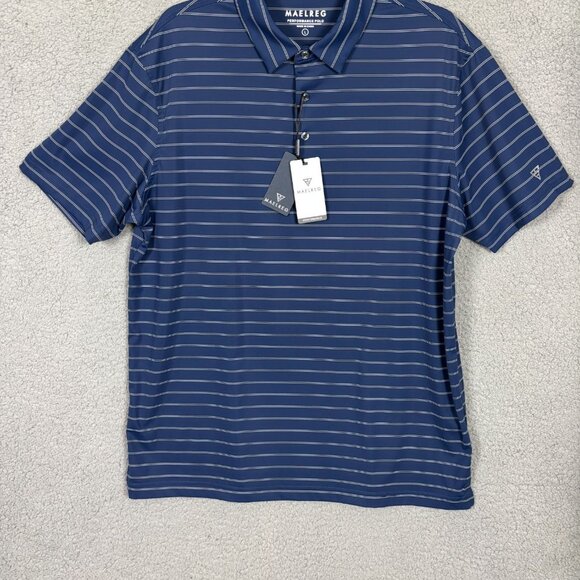 Maelreg Mens Performance Polo Shirt Blue Striped Short Sleeve Large NWT's - Picture 1 of 8